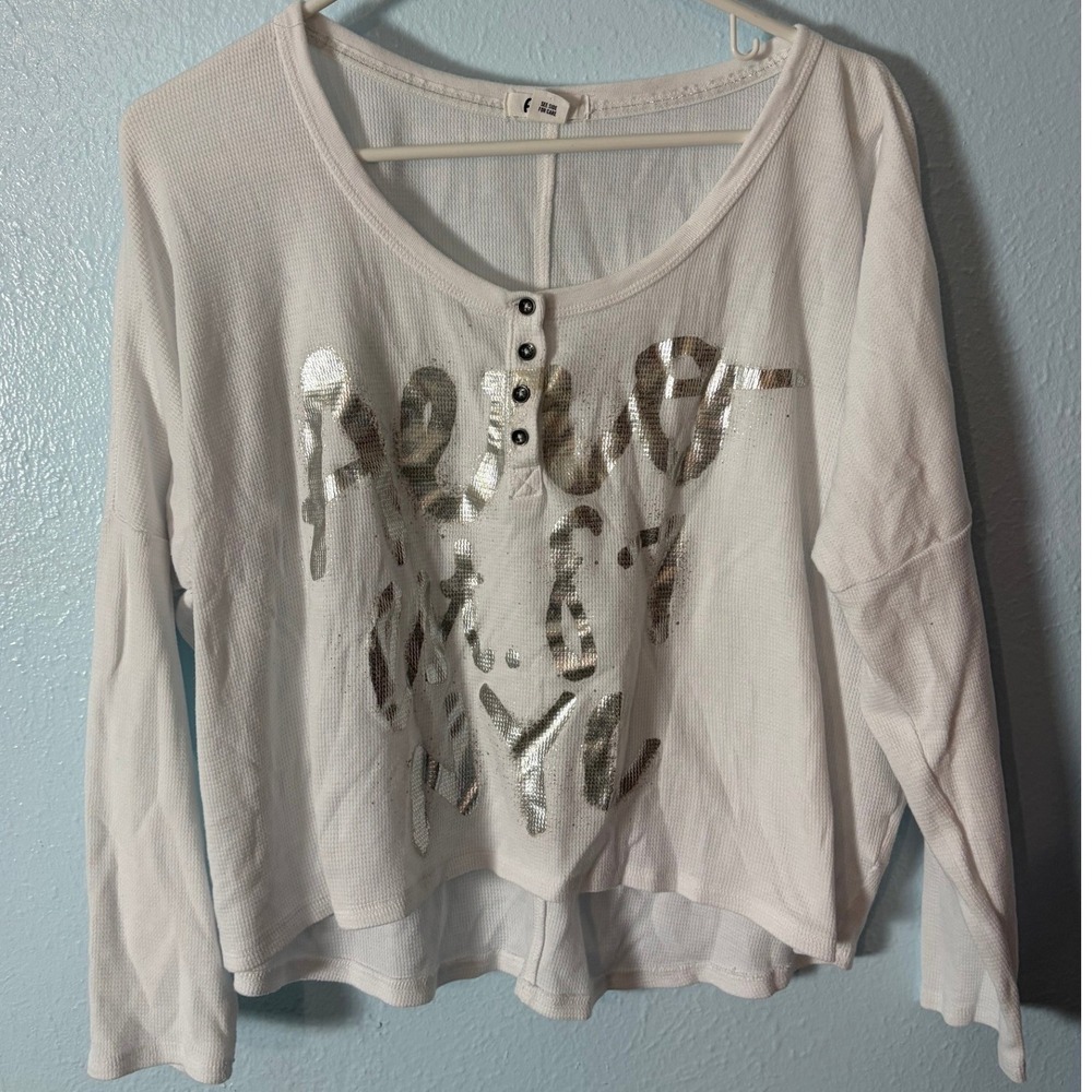 Aeropostale AERO Thermal Henley Top White Silver Graphic Y2K Waffle Knit L